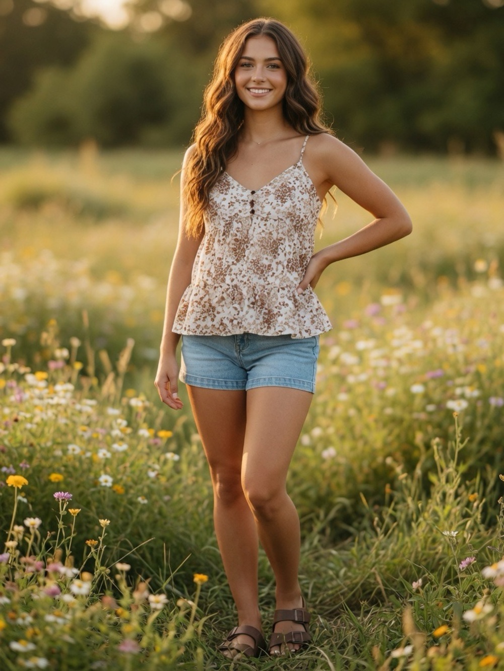 Women’s White and Brown Patterned Smocked Top